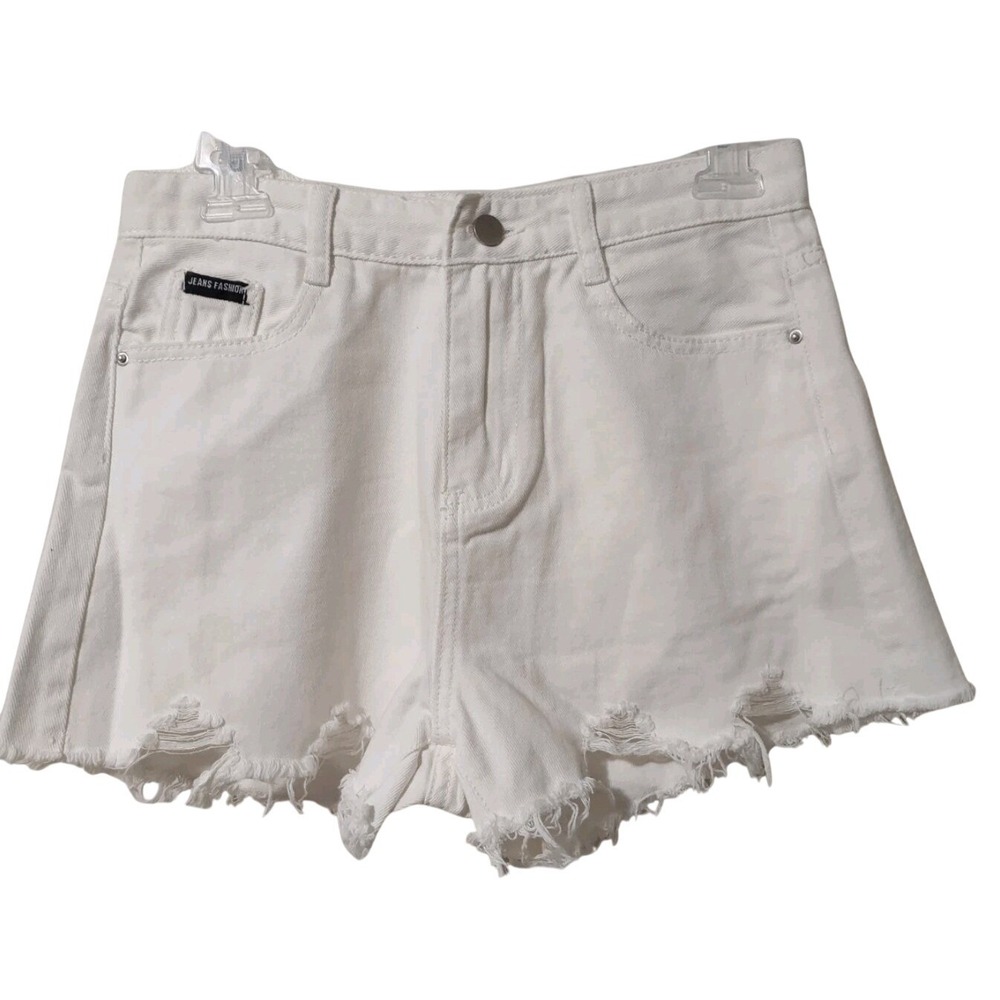 MEYSI KIM Shorts Women's Size Large Raw Hem White Denim Jean Shorts 5 Pockets